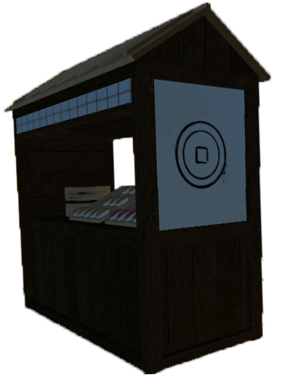 Zwarte sushikraam met op de zijkant een symbool van 2 cirkels met daar in een klein vierkant